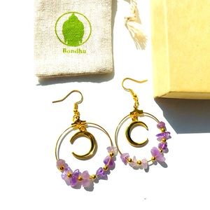 Celestial Crescent Moon Amethyst Crystal Stone Hoop Gold Hook Earrings